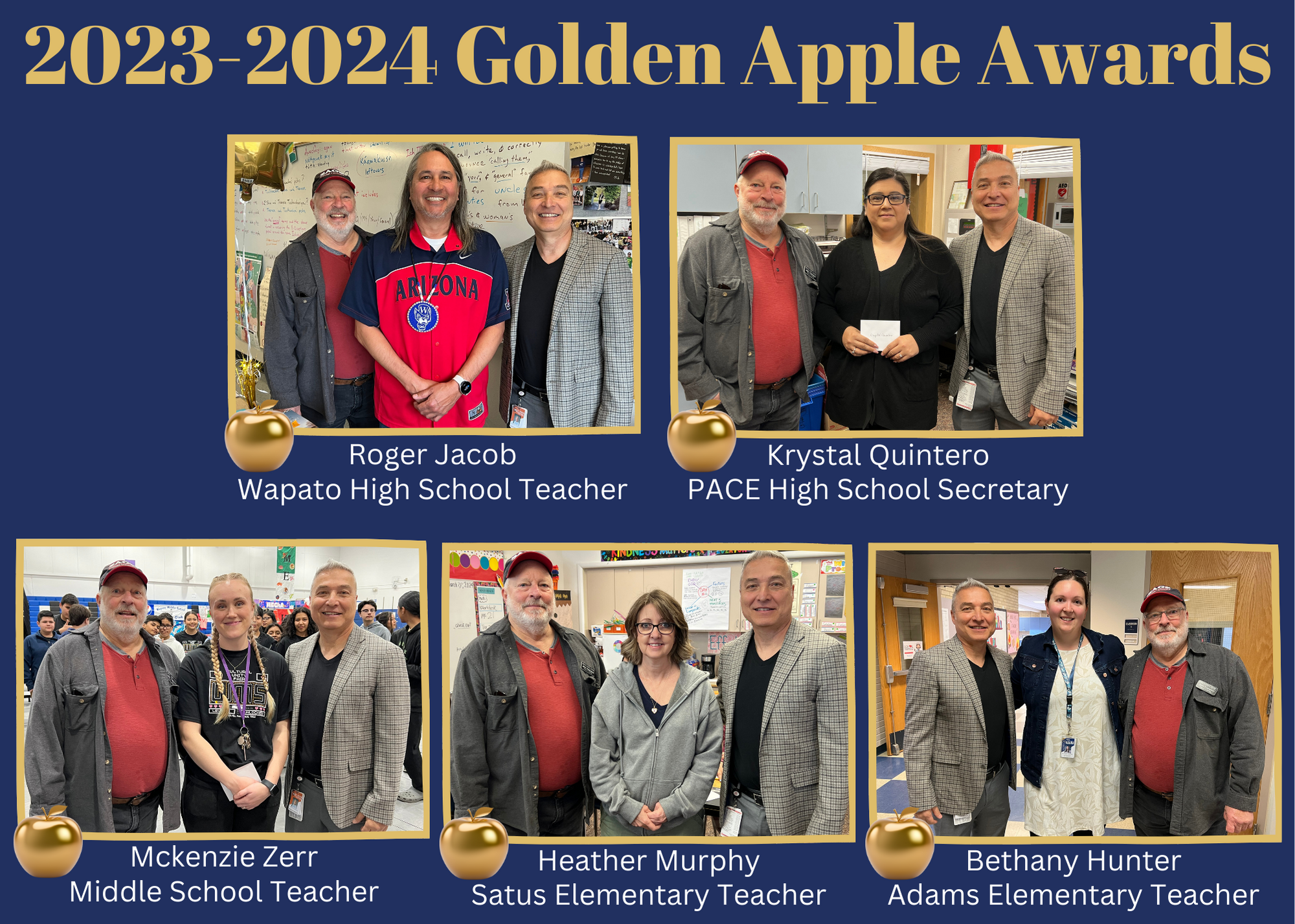 collage picture of the golden apple award recipients posing with two school board members